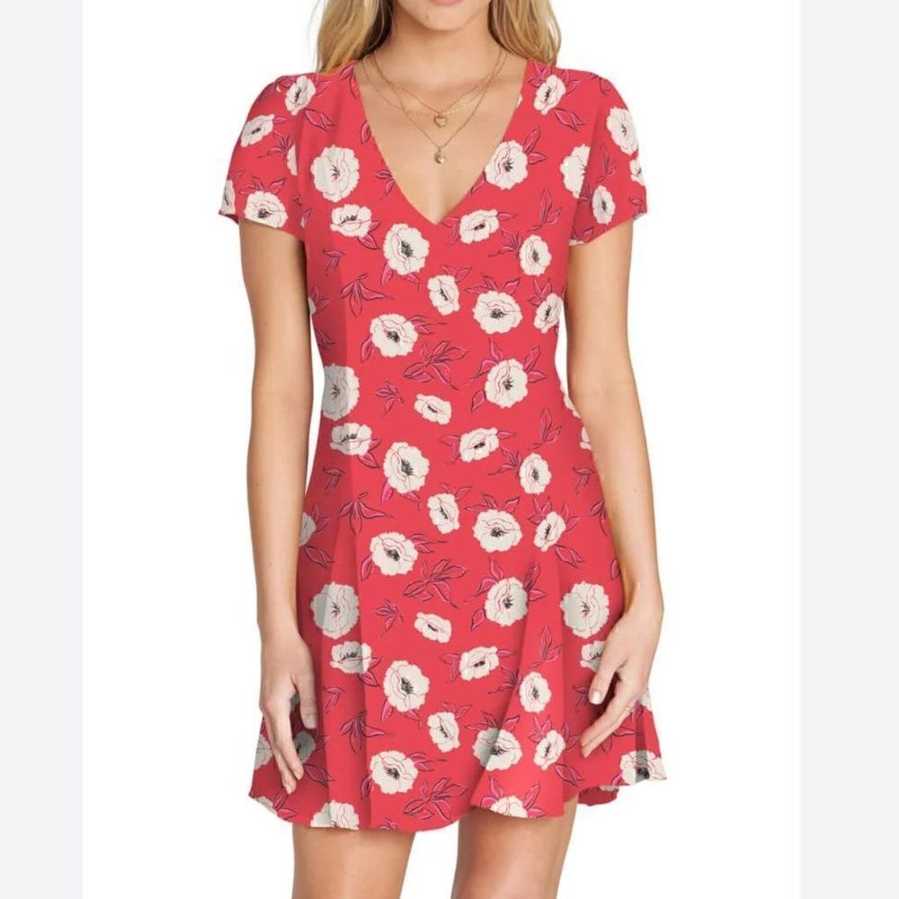 Billabong Skate Day Print Floral Mini Dress Size XS Red Skater V-Neck